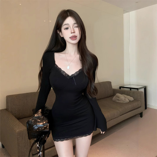 Brown Sexy V-neck Long-sleeve Dress for Women Autumn Lace Undershirt Mother-in-law Dress Tight Waist Hourglass Short Skirt