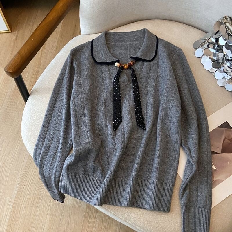 French-style silk scarf with a flowing design, knitted sweater, women's autumn/winter new collection, pullover top, elegant and versatile, base layer, gray