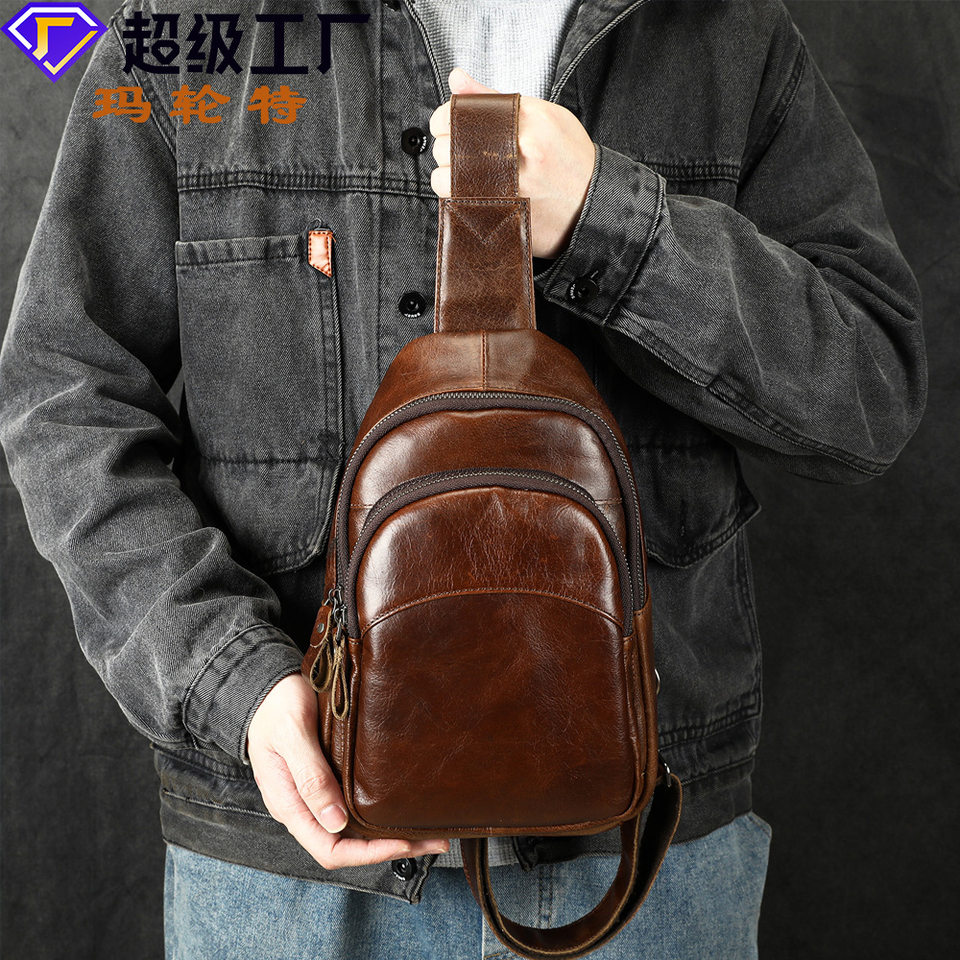 Túi đeo trước ngực nam da bò lớp đầu tiên nhiều ngăn thể thao thời trang dung tích lớn — Cà phê, Màu nâu, Màu đen
