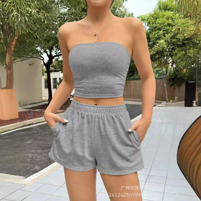 2026 Spring/Summer Shein Amazon European and American Cross-Border Stylish Clothing Solid Color Tube Top Shorts Set Small Ribbed Pattern 2026 Spring/Summer Shein Amazon European and American Cross-Border Stylish Clothing Solid Color Tube Top Shorts Set Small Ribbed Pattern