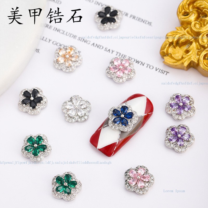 Internet Celebrity New Nail Art Zircon Flower Jewelry Silver Accessible Luxury Super Flash Colorful Stereo Five-Petal Flower Nail Decoration