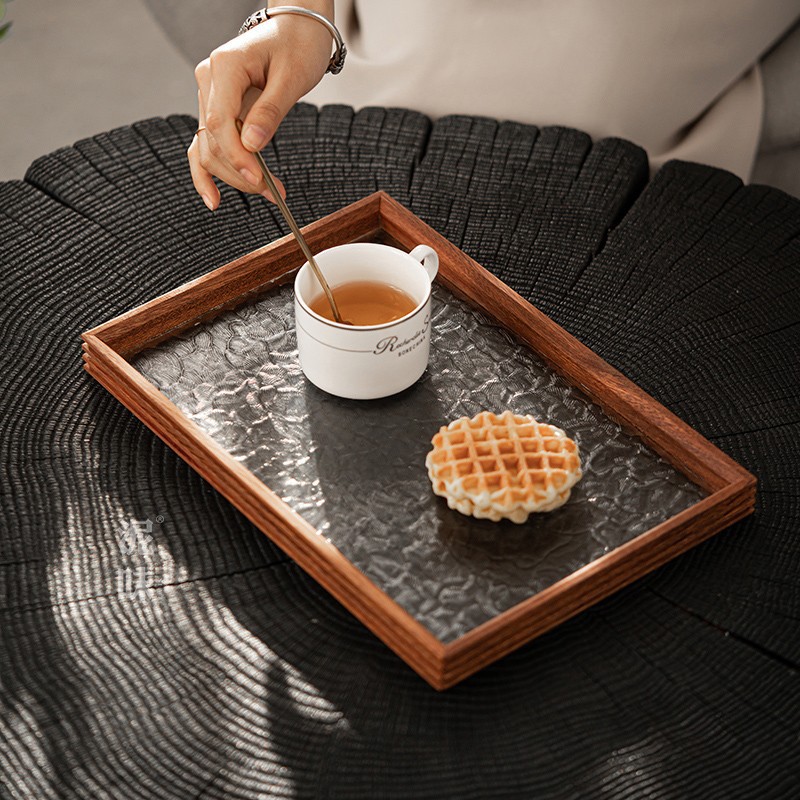Japón retro mano de martillo de nuez negra bandeja de té de vidrio bandeja de infusión seca rectangular accesorios de ceremonia del té