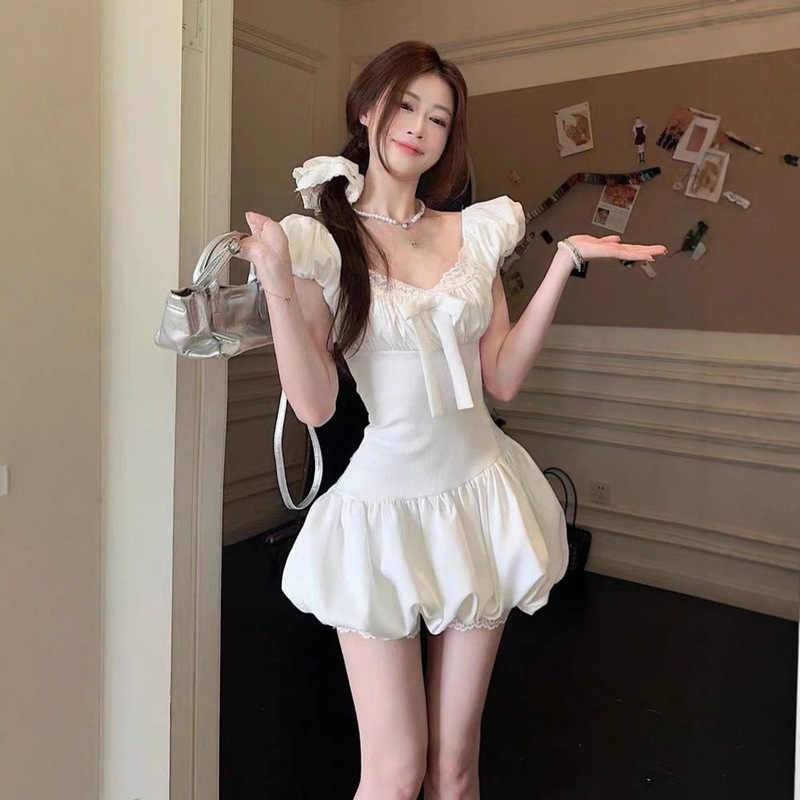 Lace Splicing French Short-Sleeved Dress for Women Summer Bow Tutu Skirt Sweet Waist Skirt A-Line Skirt Lace Splicing French Short-Sleeved Dress for Women Summer Bow Tutu Skirt Sweet Waist Skirt A-Line Skirt