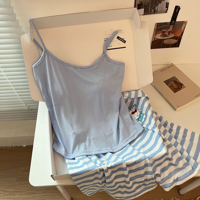 Cute Summer Camisole Padded Shorts Pajamas for Women, Simple Solid Color Loungewear for Girls, Loose Micro-Business Live Broadcast Set Cute Summer Camisole Padded Shorts Pajamas for Women, Simple Solid Color Loungewear for Girls, Loose Micro-Business Live Broadcast Set