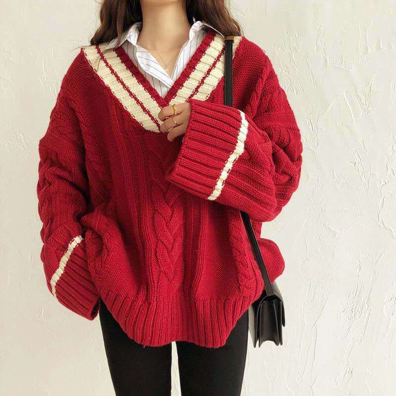 Cross-border coreano otoño y invierno nuevo suéter de torsión de cuello en V mujer retro camisa de color de contraste floja camisa de punto suelta mujer