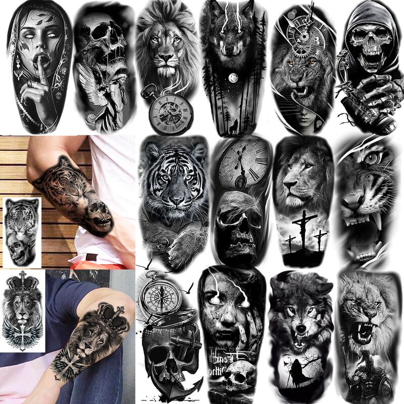 Cross-Border Skull Animal Tattoo Stickers Realistic Temporary Tattoo Stickers for Arms and Legs Temu European and American Tattoo Waterproof