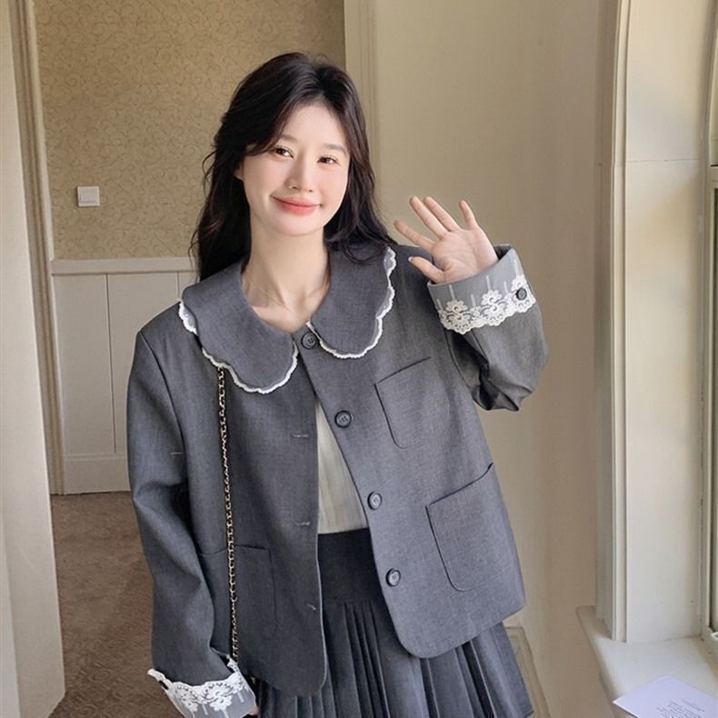 千金风显瘦娃娃领西装两件套女春2025秋季一整套穿搭百褶短裙套装|undefined