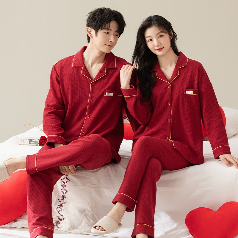 Couple Style Pajamas Autumn and Winter Red Festive Cartoon Cute Casual Cotton Lapel Can Be Worn Outside Home Clothes Set