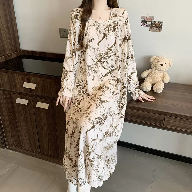 韩版棉绸睡裙女2025夏薄款少女风印花宽松长袖绵绸睡裙可外穿