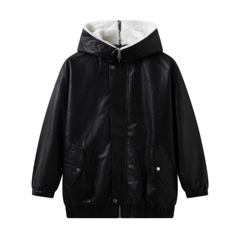 2025 Autumn/Winter Women's Loose Bf Version Casual Pu Motorcycle Jacket with Cotton Padding and Thickened Hooded Large Version Leather Jacket