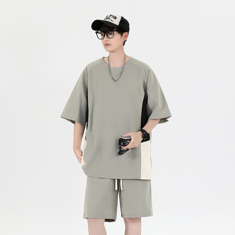 Pantalones cortos sueltos de manga corta a juego de color de verano, traje deportivo casual, traje de dos piezas de moda para jóvenes y estudiantes varones