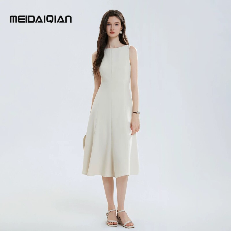 Creamy White Apricot Color Off-The-Shoulder Sleeveless A-Line Dress, Summer Drapey Style, Slimming Professional Mid-Length Dress for Work Creamy White Apricot Color Off-The-Shoulder Sleeveless A-Line Dress, Summer Drapey Style, Slimming Professional Mid-Length Dress for Work