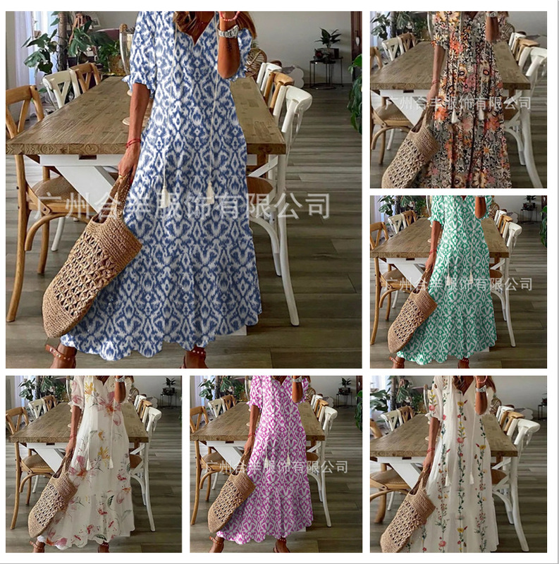 Cross-border European and American Spring and Summer New Women's Mid-length Sleeve Dress with Ears Loose Bohemian Printed V-neck Long Dress