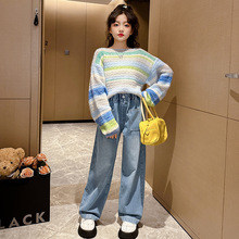 女中大童秋装洋气宽松套装女孩条纹毛衣牛仔阔腿裤网红休闲两件套