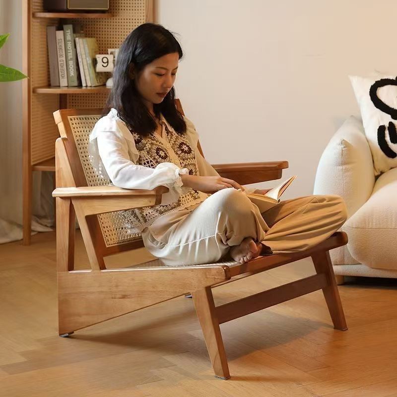 Casual Rattan Single Kangaroo Sofa Chair Home Lounge Chair B&B Balcony Second-Hand Solid Wood Chair Armrest Japanese Style