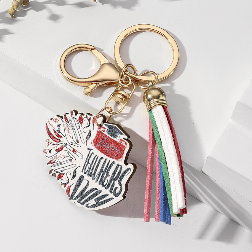 20g Weight Keychain Classification 1 Piece Quantity School, Graduation Occasion Wood Material Teachers' Day Festival Letter, Rainbow, Tassel Pattern Unisex Gender Modern Style Style Modern Style Letter Rainbow Tassel Wood Teachers' Day Unisex Keychain 9