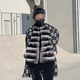 韩版高级感时尚简约环保青紫蓝龙猫兔毛外套女短款仿皮马甲背心
