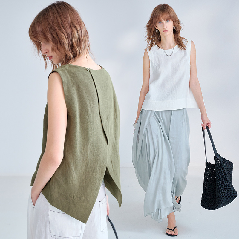 Fashionable Design Linen Vest with Back Slit and Open Back, Cotton-Linen Blouse for Women, Summer Lyocell Sleeveless Top for Commuting