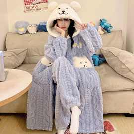 新款冬季珊瑚绒加绒加厚可爱舒适袍套连帽法兰绒女家居服二件套装