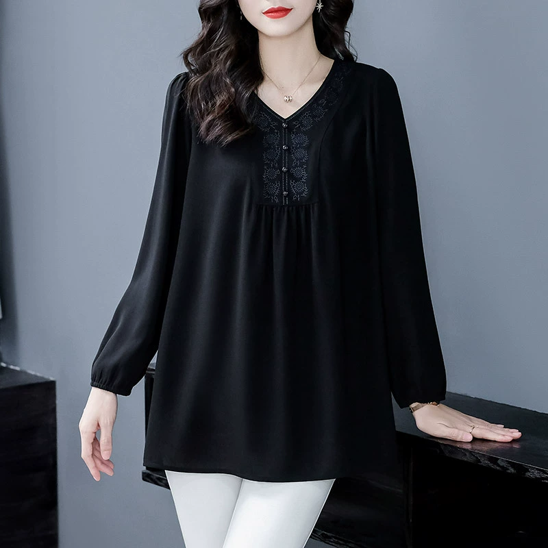 Летняя свободная универсальная рубашка с длинными рукавами и кружевной отделкой 120kg года для женщин больших размеров, шифоновая одежда для женщин среднего и пожилого возраста.