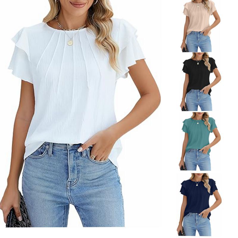2025 Cross-Border European and American Popular Women's Formal Casual Summer Pleated Short-Sleeved Round Neck Top Business Work Shirt 2025 Cross-Border European and American Popular Women's Formal Casual Summer Pleated Short-Sleeved Round Neck Top Business Work Shirt
