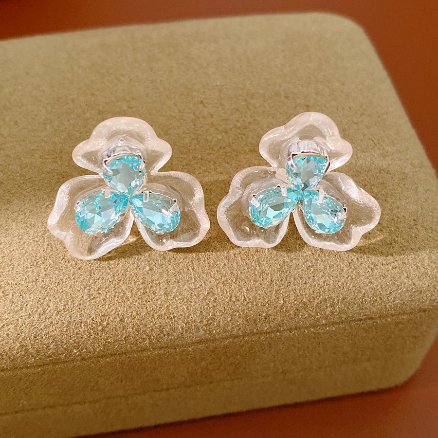 Agujas de plata zircón azul resina flor pernos pequeños frescos dulces temperamento versátil pendientes ligeros de lujo alta sensación de pendientes image 7