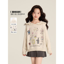 Amybaby女童上衣秋季2025新款童趣卡通小兔子绣花荷叶边连帽毛衣