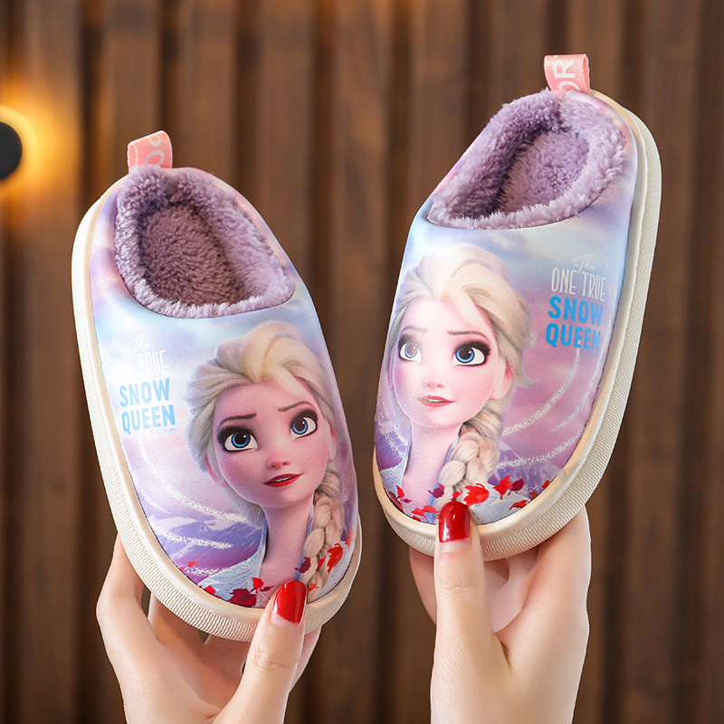 Zapatillas de algodón para niños de la princesa Elsa, zapatillas de invierno para niños y niñas de cuero PU, impermeables, cálidas, de piel, impermeables y cálidas