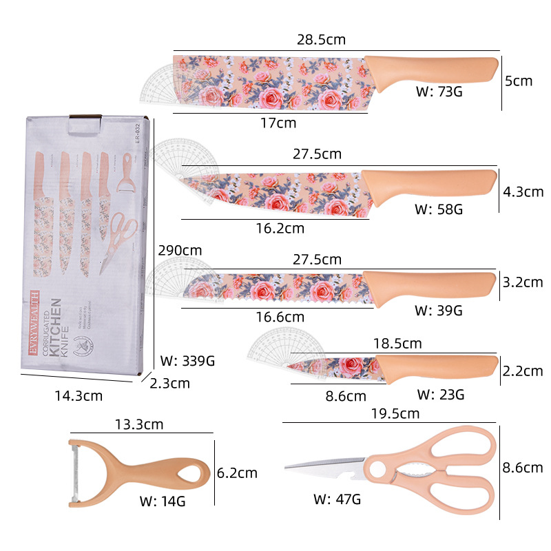 Comercio exterior cuchillos de cocina de 6 piezas de acero inoxidable color impresión cuchillo de impresión de rosas de cocina doméstica conjunto de cuchillos
