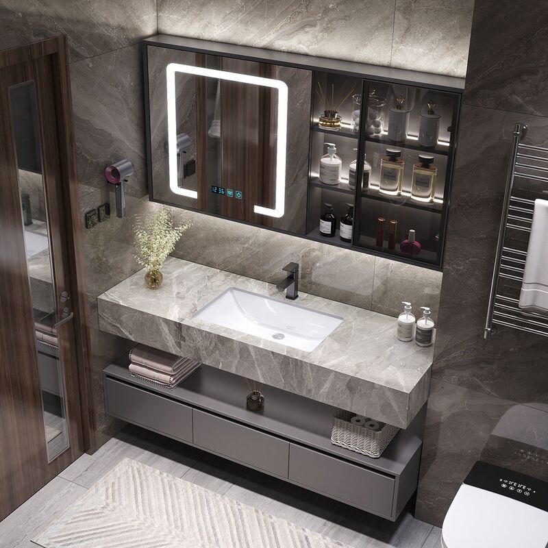 Sintered Stone Bathroom Cabinet with Integrated Ceramic Basin, Modern Minimalist Bathroom Vanity Sintered Stone Bathroom Cabinet with Integrated Ceramic Basin, Modern Minimalist Bathroom Vanity
