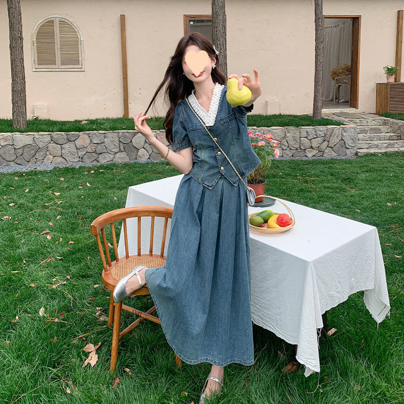 韩系穿搭牛仔套装裙女夏季2025年新款泡泡袖领上衣半身裙两件套|undefined