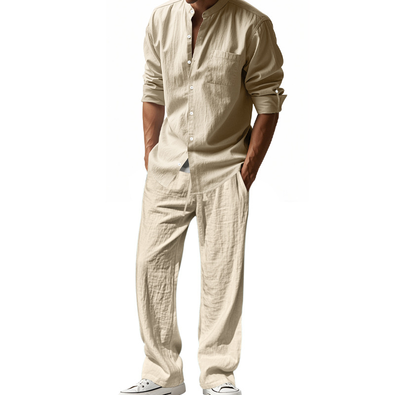 Conjunto de camisa y pantalón largo de lino para hombre, estilo casual, transpirable, de manga larga, para playa, disponible en stock, colección 2026 transfronteriza europea y americana, para las cuatro estaciones.