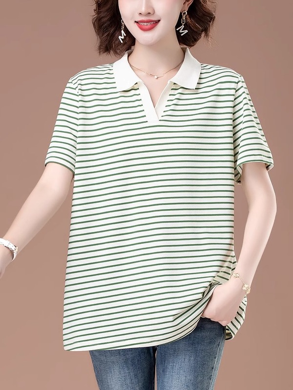 女性用純綿半袖Tシャツ、ゆったり大きいサイズ、ファットmm、ミドル丈ラペルトップ、おしゃれな年齢軽減中年ママ夏服|undefined