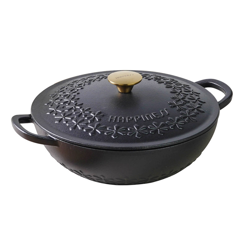 Pequeña felicidad 28cm hierro fundido en relieve girasol hogar estofado olla sin recubrimiento sopa olla antiadherente WOK