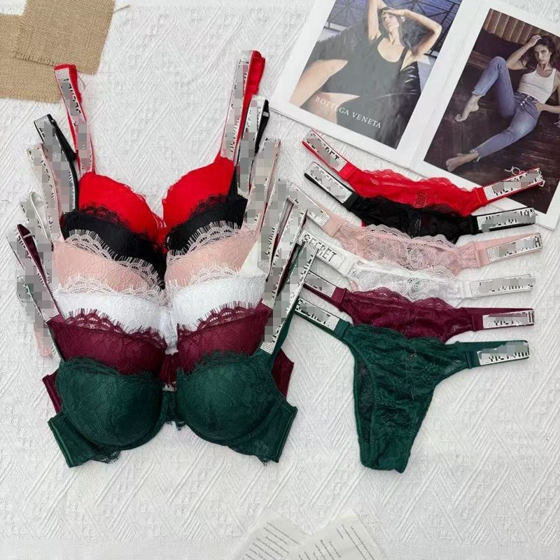 Hot-Selling Foreign Trade Victoria's Secret Women's Lingerie Set with Letter Rhinestones, Underwire, Comfortable Lace, and Sexy Design
