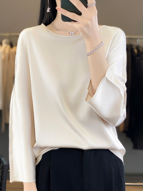 デパートの同じ半袖tシャツの女性夏2025の新型の肩の高級感の酢酸のサテンの百合の質感の底のシャツ|undefined