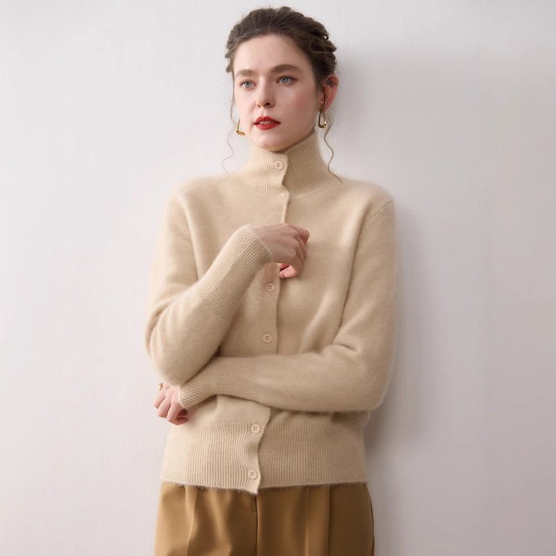 Autumn and Winter High Lapel Single-Breasted Women's Loose Slimming Look Thick Outwear Top 100% Pure Cashmere Knitted Cardigan