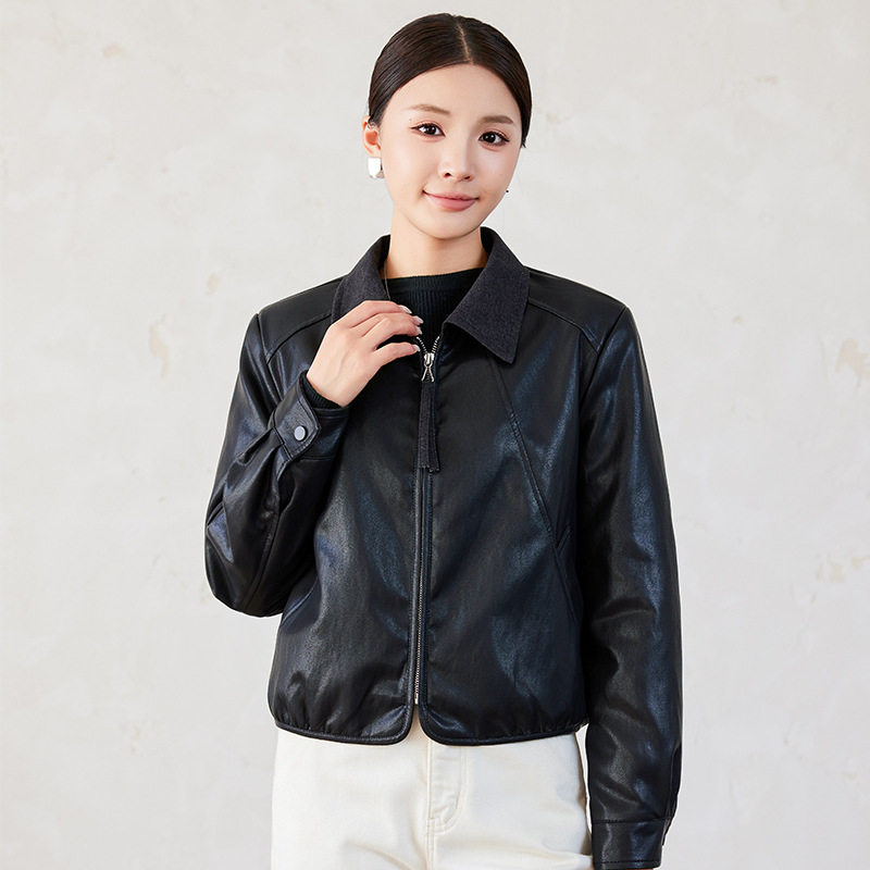 Áo khoác da nữ cổ bẻ dáng ôm phối lông bên trong kiểu mới — màu cà phê, đen, Màu cà phê Fleece dày, Màu đen Fleece dày chi tiết 4