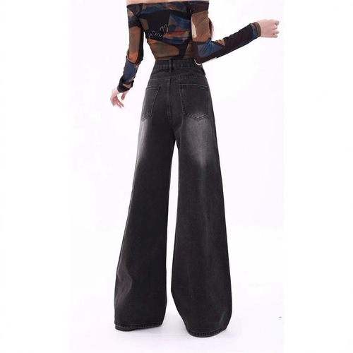 Women's Straight Leg Retro Black and Grey High-Waisted Skinny Jeans with Distressed Effect, Showcasing 2025 New Arrival
