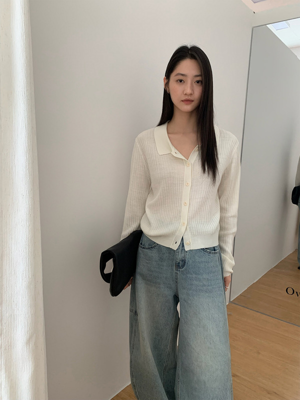 TG 简约休闲翻领针织系扣开衫女2025秋季新款坑条百搭毛衣25717|undefined