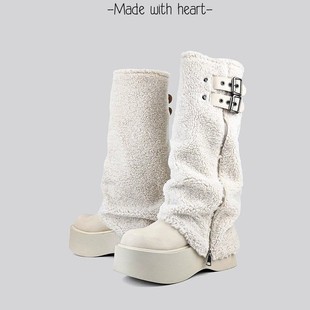Stacked Socks Socks Thick Bottom Mao Mao Trousers Boots Belt Buckle Sleeve Big Head Height Increasing Boots 2024 Winter New