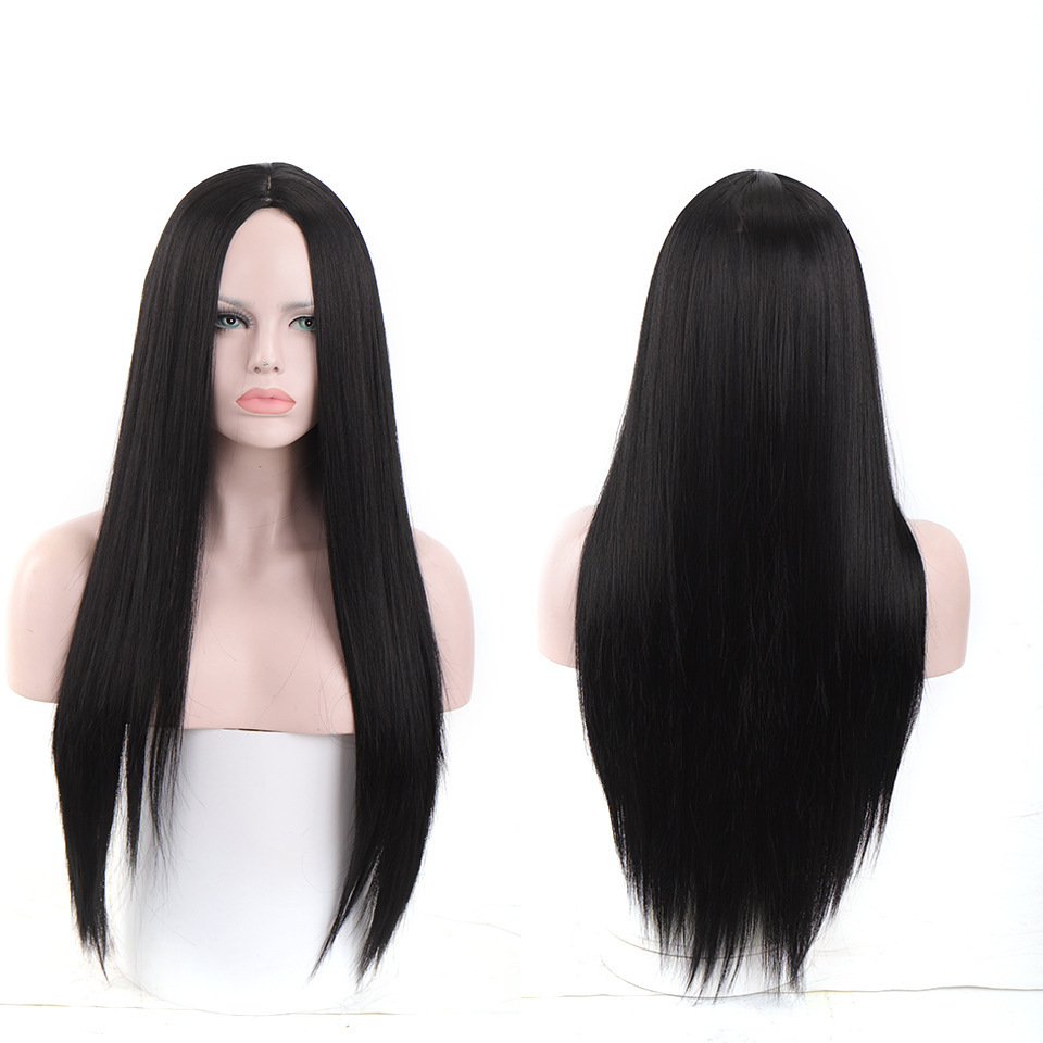 Perucas transfronterizas europeas y americanas damas frente encaje fibra química cubierta de cabello negro en el centro de los fabricantes de cabello recto en stock al por mayor