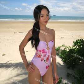 新款仙女范泳衣连体温泉潜水露背高级ins风复古大花连体泳装女