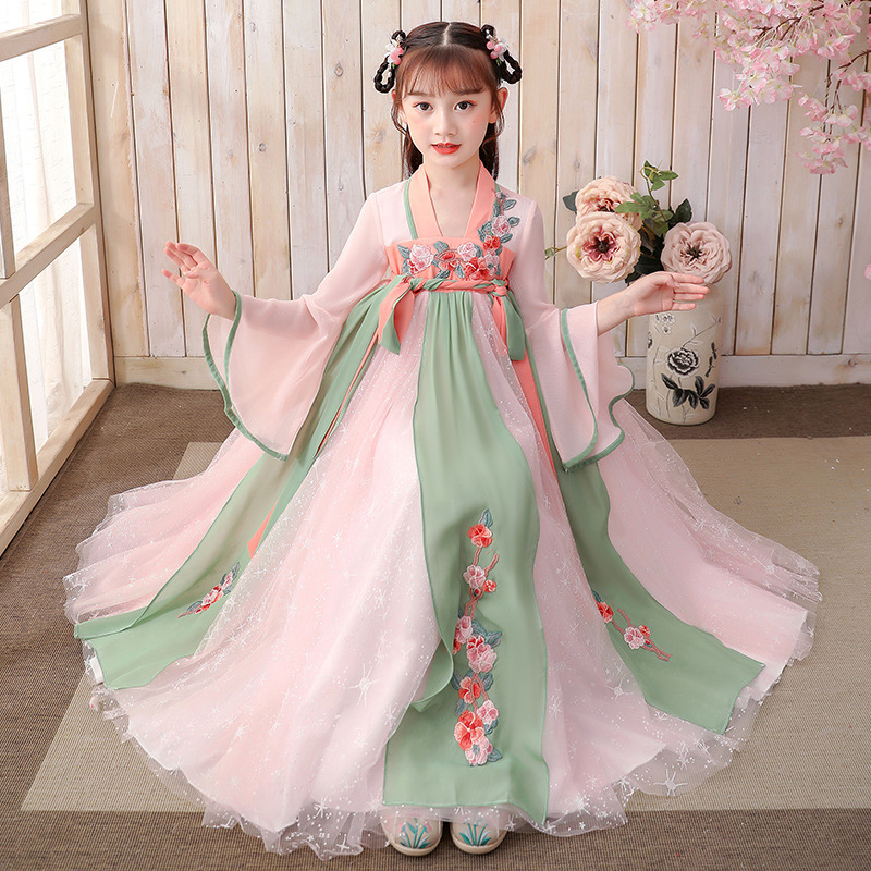 Children girls pink green fairy hanfu kids Chinese girls dress costume suit super fairy outfit elegant chest Ru skirt ancient folk costumes for children