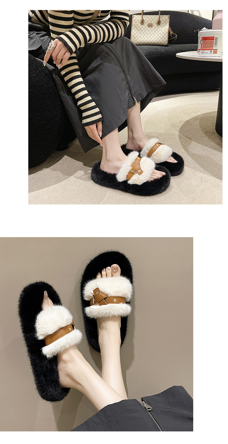 Pantofole in pelliccia nera panda di vendita calda per donna 2023 nuovo nodo con cintura autunno e inverno con calzini e mezze pantofole in velluto_voghion.com