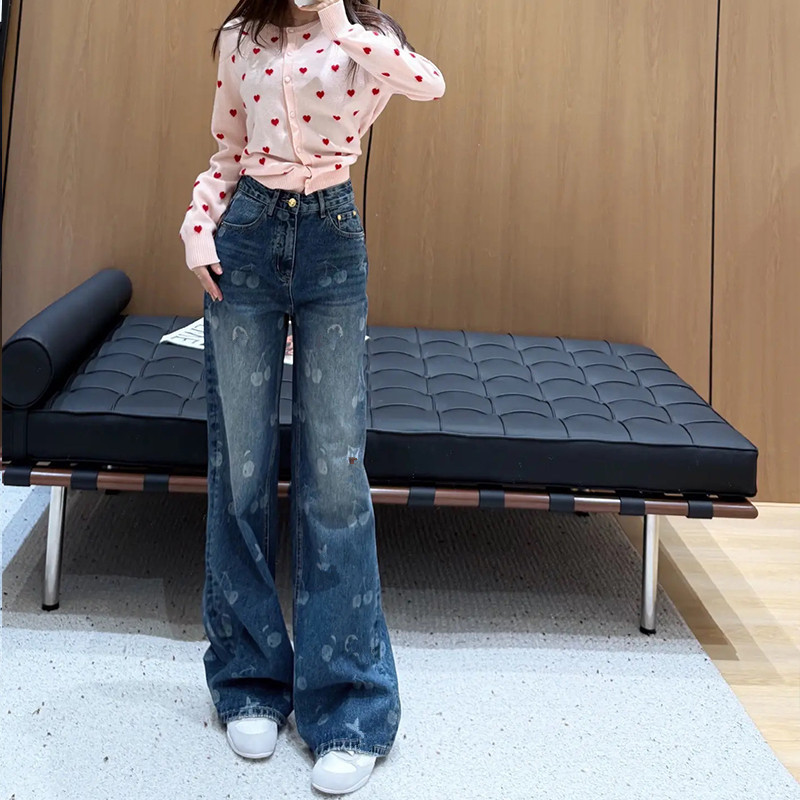 复古刺绣提花窄版直筒阔腿牛仔裤女2025秋季爆款高腰显瘦拖地长裤|undefined