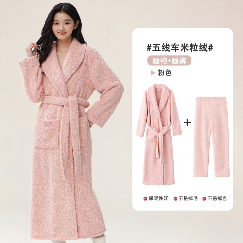 新款秋冬女睡袍半边绒加长加厚保暖睡衣情侣浴袍珊瑚绒家居服套装|undefined