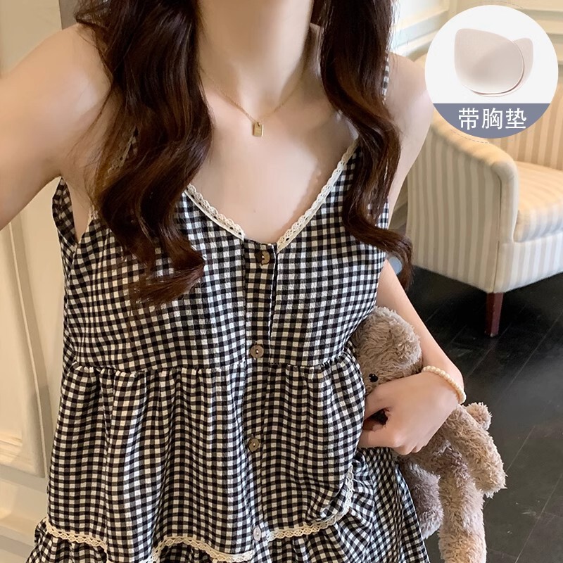 Sling Pajamas Women's Summer 2025 New Sexy Belt Chest Pad High-grade Sense Plaid Lace Home Clothes Two-piece Set