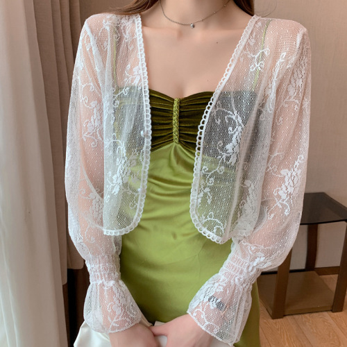 Lace shawl jacket women's new summer versatile cardigan short mesh sun protection coat thin outer suspender skirt