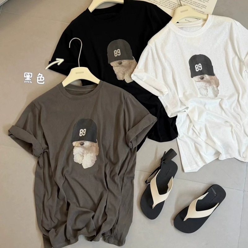 Korean Dongdaemun Summer New Style Korean-Style Casual Loose Hat Dog Print Round Neck Short-Sleeved T-Shirt for Women Korean Dongdaemun Summer New Style Korean-Style Casual Loose Hat Dog Print Round Neck Short-Sleeved T-Shirt for Women